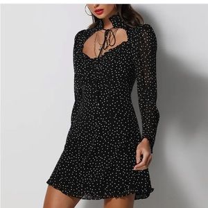 Long-Sleeved Polka Dot Lace-Up summer Dress, little black dress